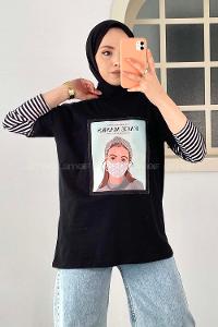 Modalamelif Face Mask Grils Oversize T-Shirt Siyah