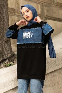 Modalamelif Ön Ve Kol kot Garnili Nıce Baskı Detaylı  Sweatshirt Siyah