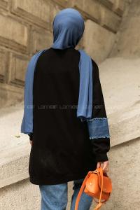 Modalamelif Ön Ve Kol kot Garnili Nıce Baskı Detaylı  Sweatshirt Siyah