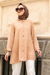 Modalamelif Önü Düğmeli Ayrobin Gömlek Sütlü Kahve