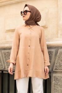 Modalamelif Önü Düğmeli Ayrobin Gömlek Sütlü Kahve