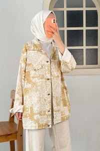 Modalamelif Önü Düğmeli Desenli Crop Ceket Sütlü Kahve