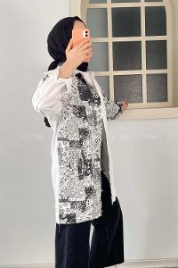 Modalamelif Önü Düğmeli Etnik Desen Ceket Garnili Ekru-Siyah