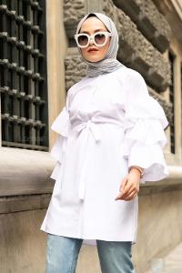 Modalamelif Önü Gizli Boydan Düğmeli Kolu FırFır Detaylı Gömlek Beyaz