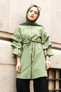 Modalamelif Önü Gizli Boydan Düğmeli Kolu FırFır Detaylı Gömlek Çağla Yeşili