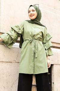 Modalamelif Önü Gizli Boydan Düğmeli Kolu FırFır Detaylı Gömlek Çağla Yeşili