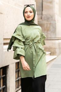 Modalamelif Önü Gizli Boydan Düğmeli Kolu FırFır Detaylı Gömlek Çağla Yeşili