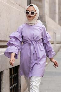 Modalamelif Önü Gizli Boydan Düğmeli Kolu FırFır Detaylı Gömlek Lila