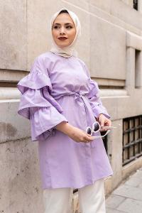 Modalamelif Önü Gizli Boydan Düğmeli Kolu FırFır Detaylı Gömlek Lila