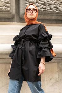 Modalamelif Önü Gizli Boydan Düğmeli Kolu FırFır Detaylı Gömlek Siyah