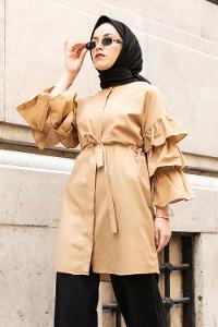 Modalamelif Önü Gizli Boydan Düğmeli Kolu FırFır Detaylı Gömlek Sütlü Kahve