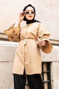 Modalamelif Önü Gizli Boydan Düğmeli Kolu FırFır Detaylı Gömlek Sütlü Kahve