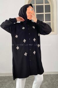 Modalamelif Önü Kristal Taş  Model Tunik Siyah