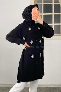 Modalamelif Önü Kristal Taş  Model Tunik Siyah