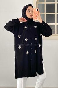 Modalamelif Önü Kristal Taş  Model Tunik Siyah