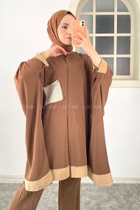 Modalamelif Yarasa Kol Önü Gizli Düğmeli Pul Detaylı İkili Takım Acı Kahve