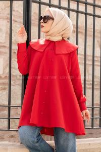 Modalamelif Önü Düğmeli Yaka Detaylı Tunik Kırmızı