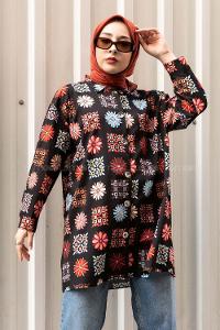 Modalamelif Çiçek Desen Baskılı Gömlek Siyah