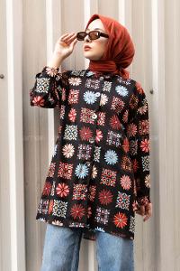 Modalamelif Çiçek Desen Baskılı Gömlek Siyah