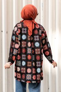 Modalamelif Çiçek Desen Baskılı Gömlek Siyah