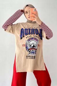 Modalamelif  Florida Baskılı Bisiklet Yaka T-Shirt Sütlü Kahve