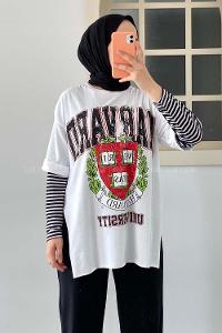 Modalamelif  Harvard Baskılı Bisiklet Yaka T-Shirt Beyaz