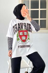 Modalamelif  Harvard Baskılı Bisiklet Yaka T-Shirt Beyaz