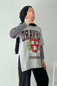 Modalamelif  Harvard Baskılı Bisiklet Yaka T-Shirt Gri