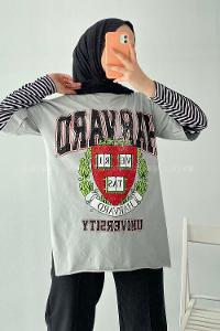 Modalamelif  Harvard Baskılı Bisiklet Yaka T-Shirt Gri