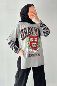 Modalamelif  Harvard Baskılı Bisiklet Yaka T-Shirt Gri