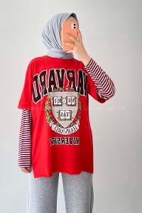 Modalamelif  Harvard Baskılı Bisiklet Yaka T-Shirt Kırmızı