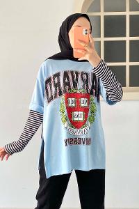 Modalamelif  Harvard Baskılı Bisiklet Yaka T-Shirt Mavi