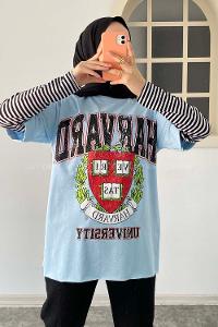Modalamelif  Harvard Baskılı Bisiklet Yaka T-Shirt Mavi