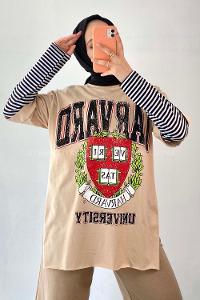 Modalamelif  Harvard Baskılı Bisiklet Yaka T-Shirt Sütlü Kahve