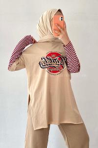 Modalamelif  Headster Baskılı Bisiklet Yaka T-Shirt Bej