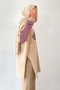 Modalamelif  Headster Baskılı Bisiklet Yaka T-Shirt Bej