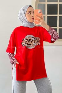 Modalamelif  Headster Baskılı Bisiklet Yaka T-Shirt Kırmızı