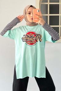 Modalamelif  Headster Baskılı Bisiklet Yaka T-Shirt Mint