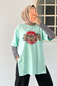 Modalamelif  Headster Baskılı Bisiklet Yaka T-Shirt Mint