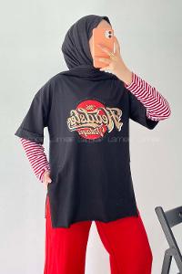 Modalamelif  Headster Baskılı Bisiklet Yaka T-Shirt Siyah