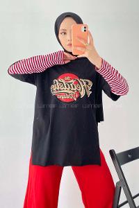 Modalamelif  Headster Baskılı Bisiklet Yaka T-Shirt Siyah