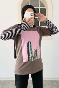 Modalamelif Kaktüs BaskılI Oversize T-Shirt Kahve