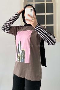 Modalamelif Kaktüs BaskılI Oversize T-Shirt Kahve