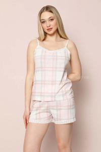 Modalamelif Kare Çizgi Desenli Askılı Şortlu Takımı Ekru-Pudra