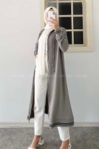 Modalamelif Kol ve Etek Lastikli Önü Fermuarlı Kapüşonlu Tunik Gri
