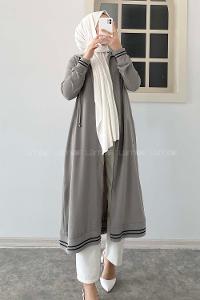 Modalamelif Kol ve Etek Lastikli Önü Fermuarlı Kapüşonlu Tunik Gri