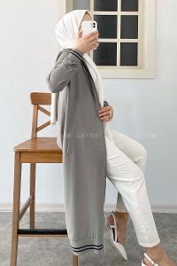 Modalamelif Kol ve Etek Lastikli Önü Fermuarlı Kapüşonlu Tunik Gri