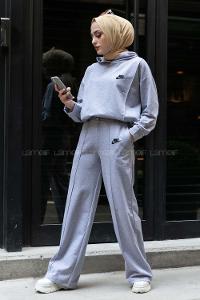 Modalamelif Nıke Nakışlı Kapüşonlu İkili Takım Gri