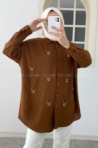 Modalamelif Önü Boydan Düğmeli Taş Modelli Gömlek Acı Kahve