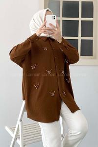 Modalamelif Önü Boydan Düğmeli Taş Modelli Gömlek Acı Kahve